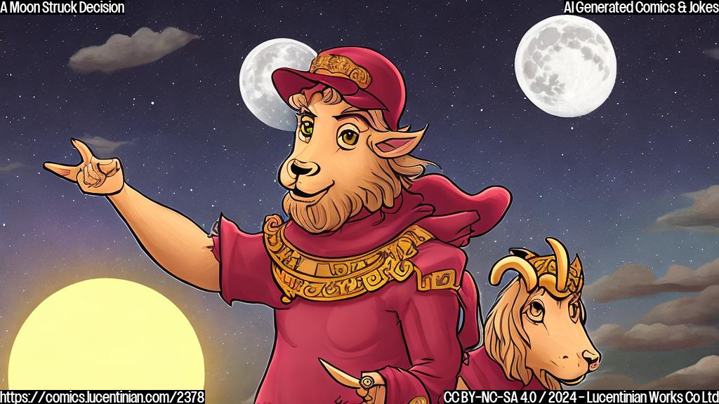 Aries character with a shocked expression, surrounded by stars and a full moon in the background, wearing a "bad luck" hat.