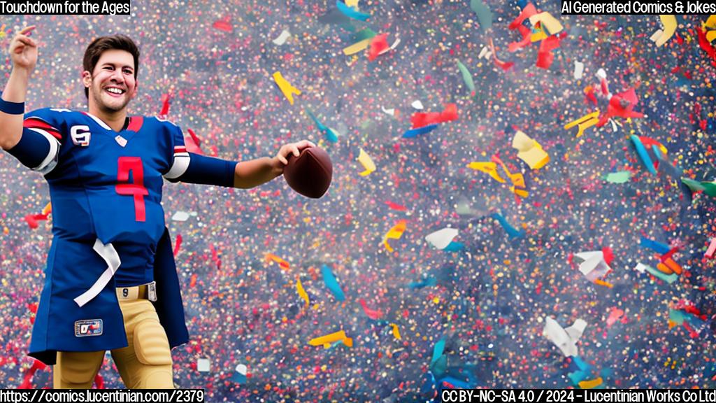 A quarterback throwing a football with a superhero cape and a big smile, standing in front of a cheering crowd and a city skyline background, surrounded by confetti and balloons.