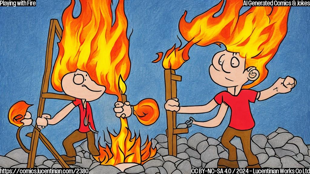 Draw a cartoon of a person holding a ladder in front of a giant fire or flames, symbolizing taking relationships to new heights and potentially igniting conflict.