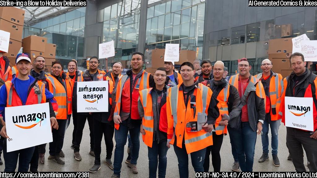 A group of Amazon workers, dressed in red vests with a large logo on their jackets, standing together in front of an Amazon warehouse, holding picket signs that say "United We Stand" and "Fairness for All".