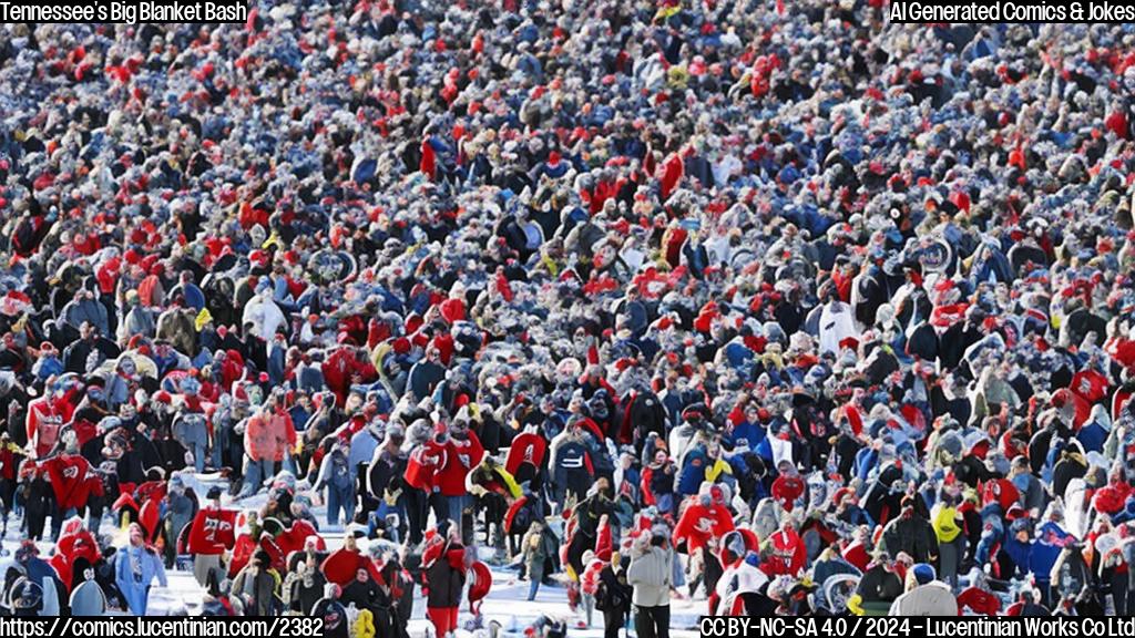 A group of enthusiastic fans from a southeastern US state arrive at a neutral field for a College Football Playoff game, carrying large numbers of blankets to keep themselves cozy in the cold winter air.