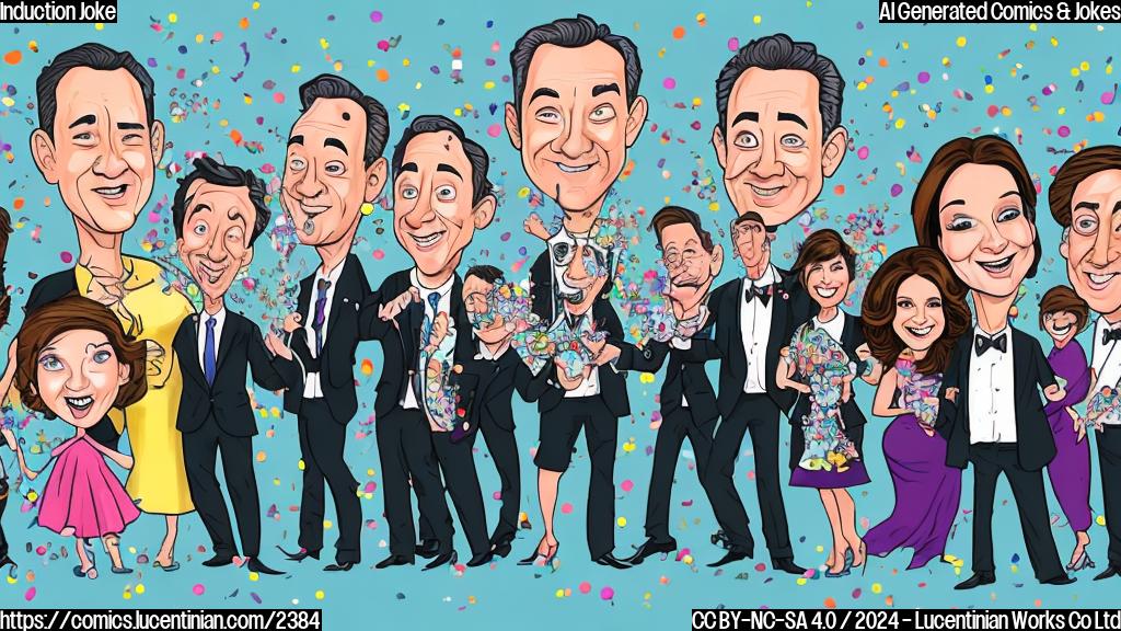 Draw a cartoon-style image of five comedians, including Tom Hanks, Tina Fey, Paul Rudd, Melissa McCarthy, and Martin Short, all smiling and holding hands with a big star-shaped trophy in the center, surrounded by confetti and balloons. The characters should be depicted in a colorful, playful style.