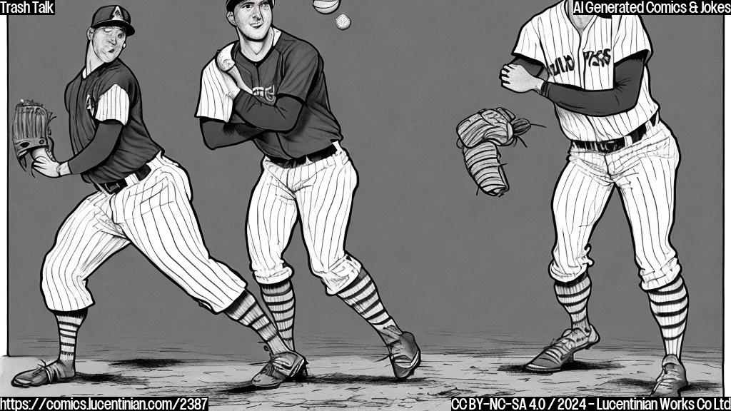 A baseball player jokingly saying he won't do household chores due to his exceptional pitching skills, with a hint of humor and exaggeration, in a plain cartoon style drawing.