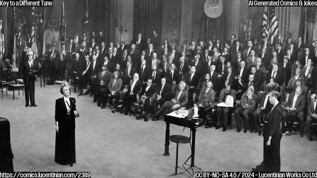 A woman in a conservative suit with a determined expression is standing on stage, holding a microphone and looking out at a crowd of politicians. The background is a blurred image of a Senate chamber.