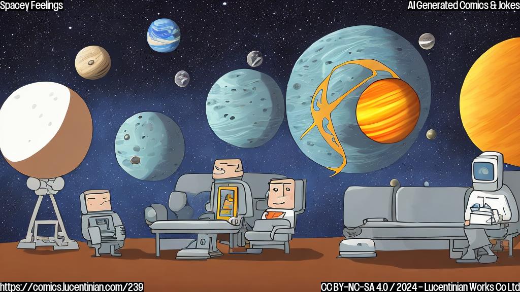 Draw a simple, cartoon-style picture of an exoplanet with a puzzled expression on its face, sitting in front of a therapist's couch. The therapist, a smiling astronaut, is taking notes on a clipboard while the exoplanet looks up at them with a confused look on its face. In the background, there are stars and planets visible through the therapist's window, symbolizing the vastness of space.