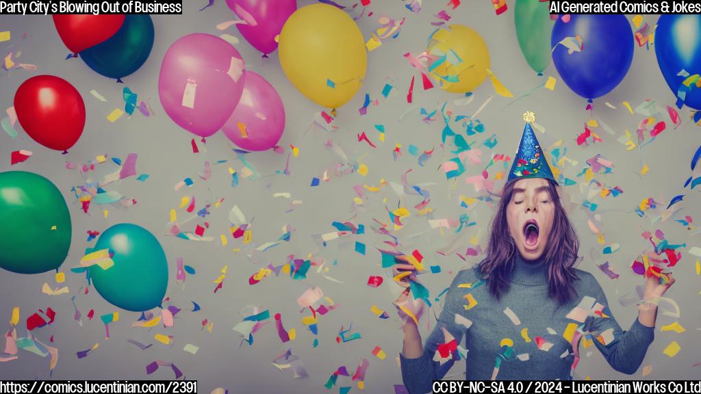 Draw a plain color cartoon-style picture of a person in a party hat with a surprised and devastated expression, surrounded by balloons and confetti that are slowly deflating, while holding a stack of papers with a "Bankrupt" sign on it.