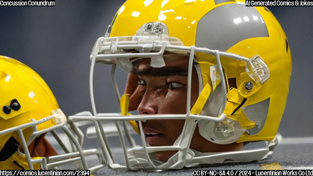 A football player wearing a helmet with a cracked visor sitting on a medical table, looking worried. He has a yellow caution tape around him.