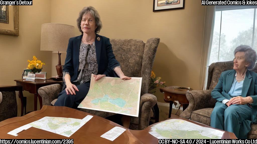 A female lawmaker in her 50s sitting on a couch in an assisted-living facility, surrounded by comfortable furniture and decorations. She is holding a large map in her hand and looking puzzled.