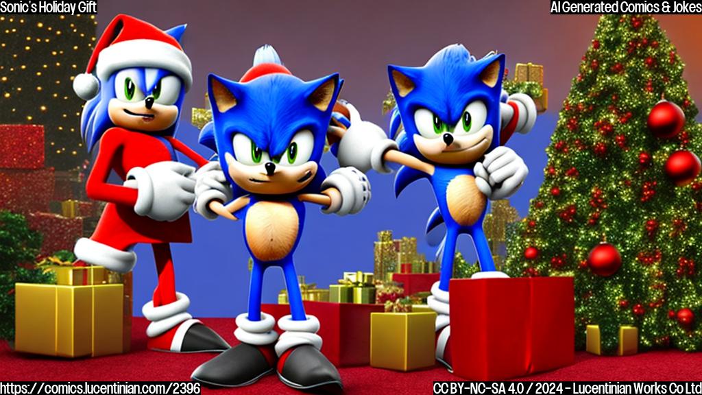 A cartoon-style picture of Sonic the Hedgehog 3, dressed in a Santa hat and holding a gift box with a surprised expression, standing next to a large Christmas tree with a Hollywood-style red carpet behind it. The background should be a dimly lit movie theater with festive lights and decorations.