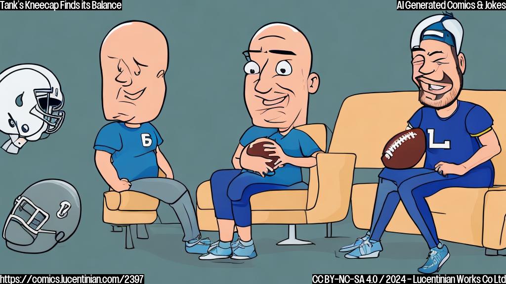 A cartoon of a dislocated kneecap with a thought bubble, sitting on a therapist's couch, surrounded by football helmets and football field elements. The kneecap has a worried expression, while the therapist is smiling in the background with a football-themed cushion.