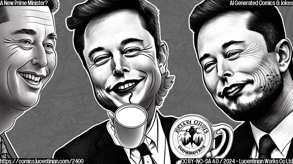 Draw a cartoon of a politician looking shocked with a cup of coffee in hand, next to an image of Elon Musk smiling confidently.