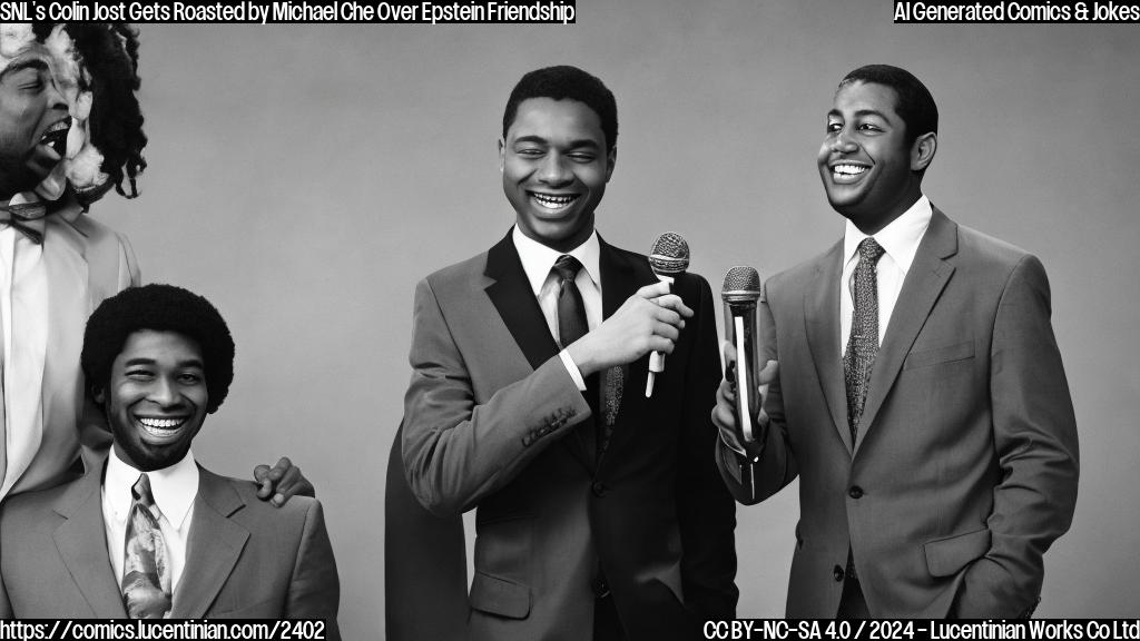 A white man in a suit with a sly grin, standing next to a black man wearing a microphone, both with comedy club backgrounds. The white man is gesturing for the audience to laugh, while the black man looks uncomfortable.