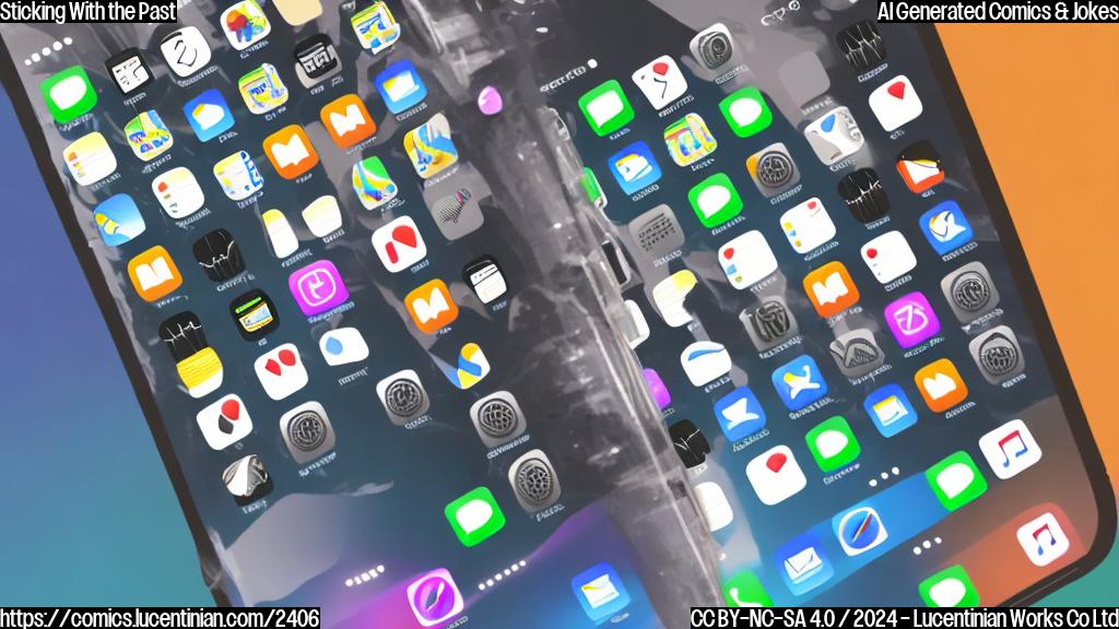 A colorful, plain-style cartoon of an older iPhone (pre-2020 models) with a concerned expression on its screen, surrounded by clock hands moving backwards and a faint image of newer iPhones in the background, showing a more modern and sleek design.