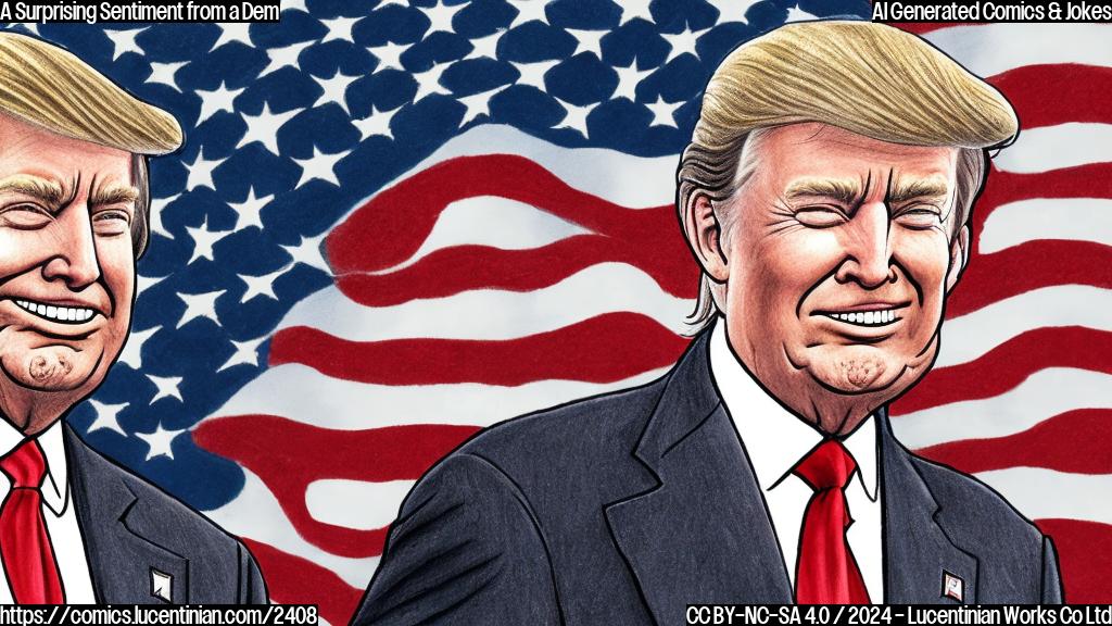 Draw a cartoon of a smiling Senator wearing a suit and standing in front of an American flag, with a thought bubble containing a dollar sign above it. Include a faint image of Donald Trump's face in the background looking disappointed.