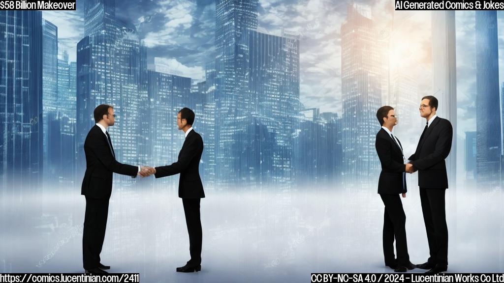 Two business people with briefcases shaking hands, standing in front of a large financial chart with rising stock prices. A cityscape or skyscraper visible behind them.