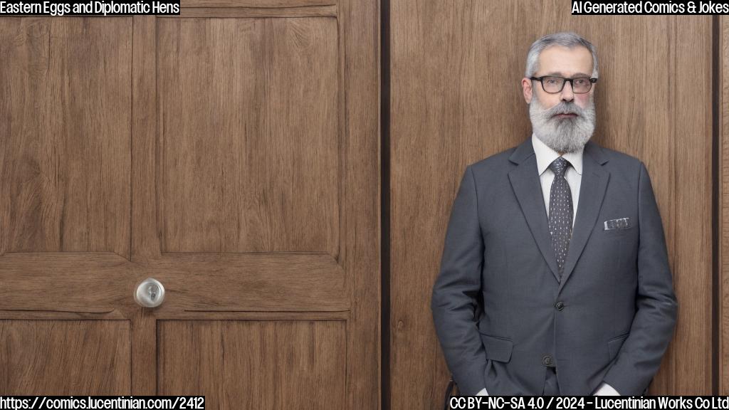 a middle-aged, bespectacled man with a grey beard, wearing a suit and tie, standing in front of a large wooden door with a subtle hint of Moscow's cityscape in the background. The man has a thoughtful expression on his face as he looks at an invisible person or object.