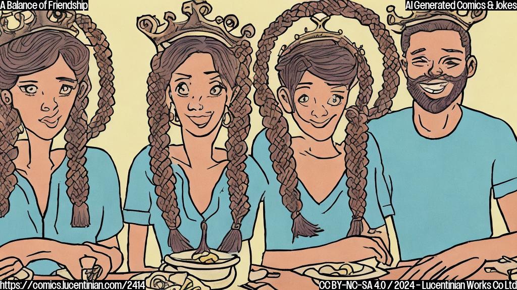 Draw a cartoon-style image of two people sitting across from each other at a dinner table, holding hands and looking into each other's eyes. The woman is wearing a Libra-inspired hairstyle (e.g., two symmetrical braids or a crown-like hairstyle with two loose strands framing her face). The man has a friendly smile, and there are no obvious scales or weights in the scene. The background could be a soft, gradient blue to represent balance and harmony.