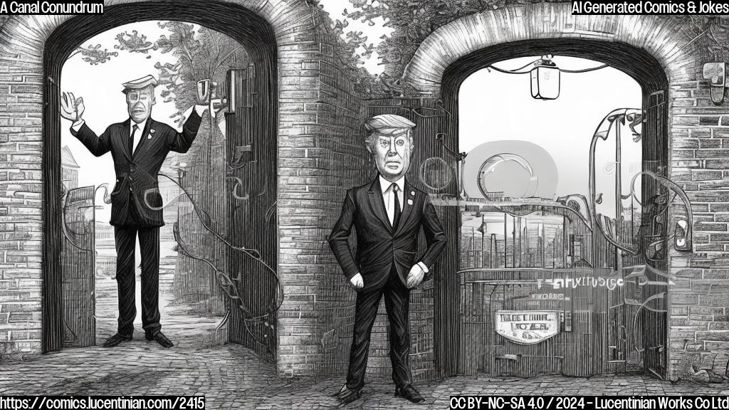 A cartoon of a stern-looking politician (with a serious expression) standing in front of a large, locked gate with a canal in the background. The gate has a sign that reads "Neutral Zone" and the canal has a toll booth with a metered payment system. In the foreground, there is a small figure (representing Trump) trying to open the gate by pulling on it, while another figure (representing the politician) stands firm behind a podium, arms crossed.