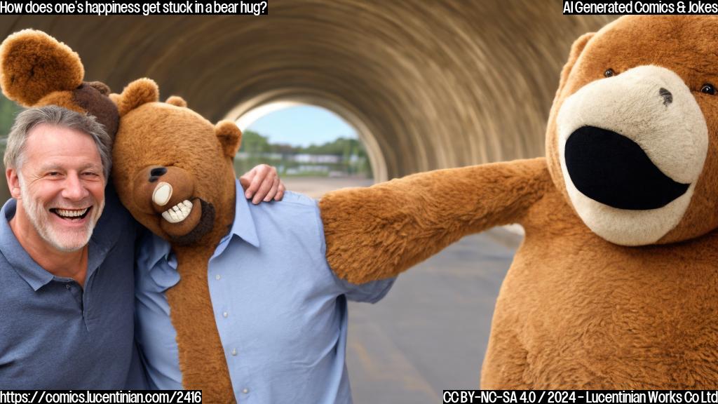 A smiling man with a big grin on his face, hugging a larger figure with a bear-like appearance. The background is a blurred football stadium tunnel.