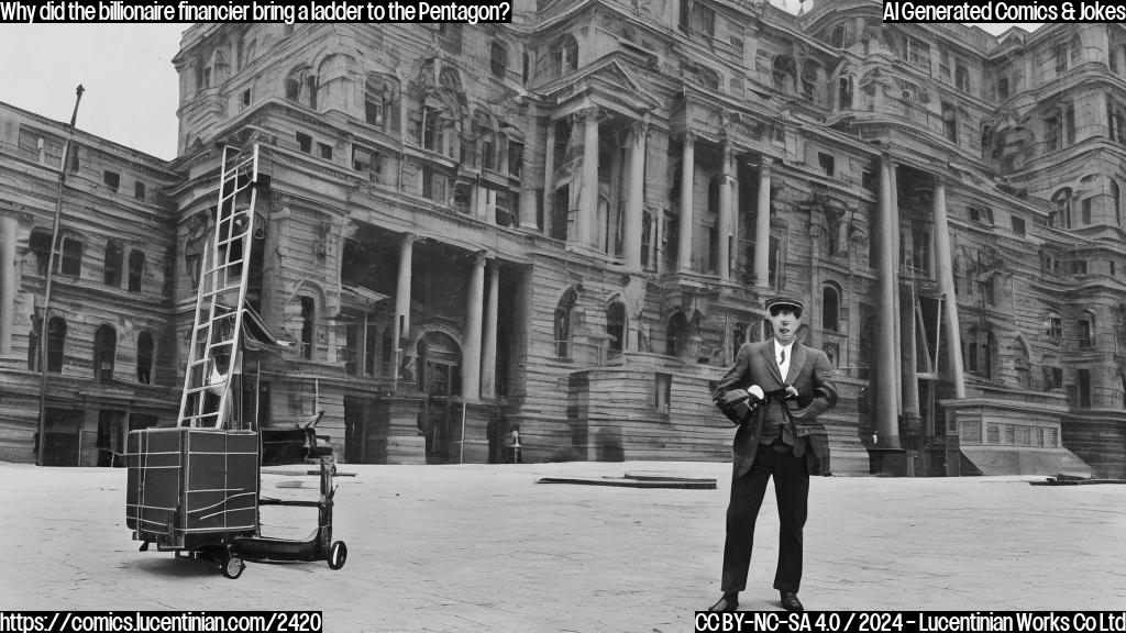 A person wearing a suit and holding a briefcase standing in front of a large, imposing building with a ladder on the ground beside them, surrounded by military equipment