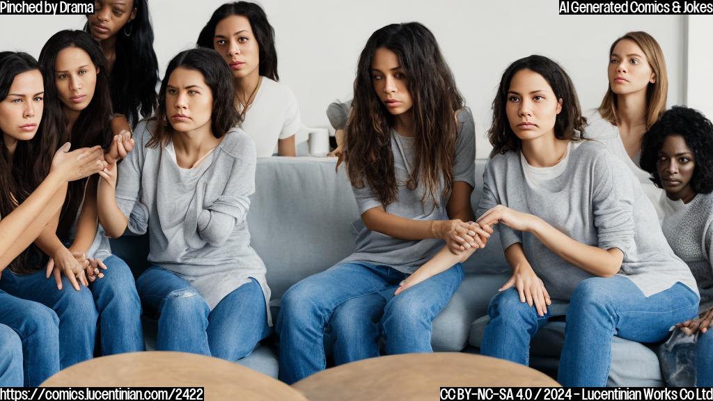 A group of close female friends sitting in a circle on couch, looking concerned and holding hands. One of them is looking directly at the viewer with a mix of empathy and annoyance, while the others are nodding in agreement. The background is a subtle gradient of blues to represent feelings of sadness and frustration.