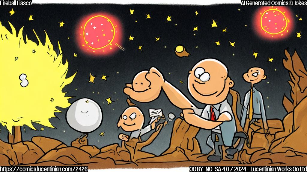 Draw a simple cartoon of a small, glowing meteoroid falling towards the earth with a worried-looking therapist in the background, surrounded by flames and stars.