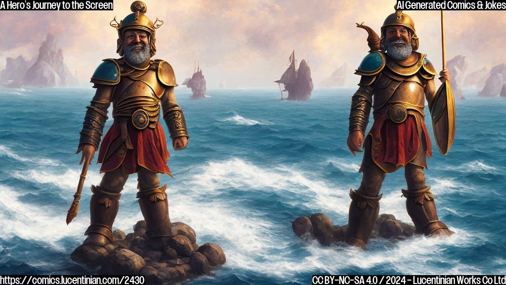 A cartoon of a smiling, helmeted warrior with an epic pose, standing in front of a vast ocean with a subtle nod to Homer's Odyssey-inspired design elements.