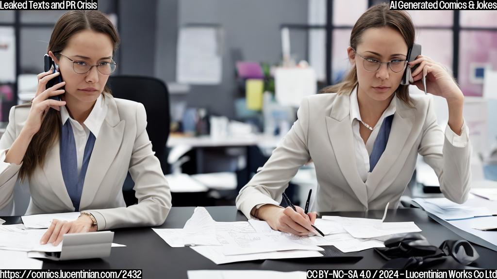 A female figure with a stern expression, wearing a professional outfit, sitting at a desk with papers and phones scattered around her. The background is a blurred office setting with a hint of crisis and chaos.