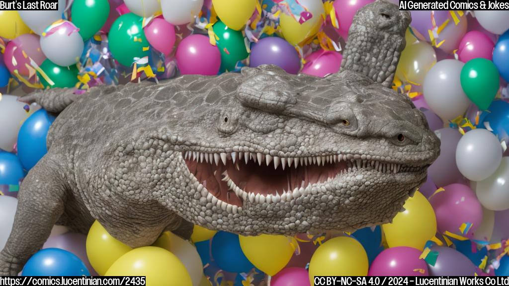 a large, grayish-brown reptile with a long snout and powerful jaws, wearing a party hat surrounded by balloons and confetti