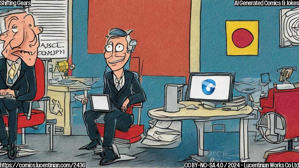 A color cartoon style drawing of a human therapist sitting in a chair, with a confused expression on their face, while a corporate suit sits across from them, looking worried and holding a laptop with a car company's logo on it.