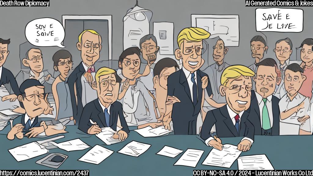 A cartoon style image of the President with a thoughtful expression, sitting at a desk surrounded by papers and pens, while a group of humans with sad expressions stand in front of him, holding signs that say "Save my life" and "Don't let me die".