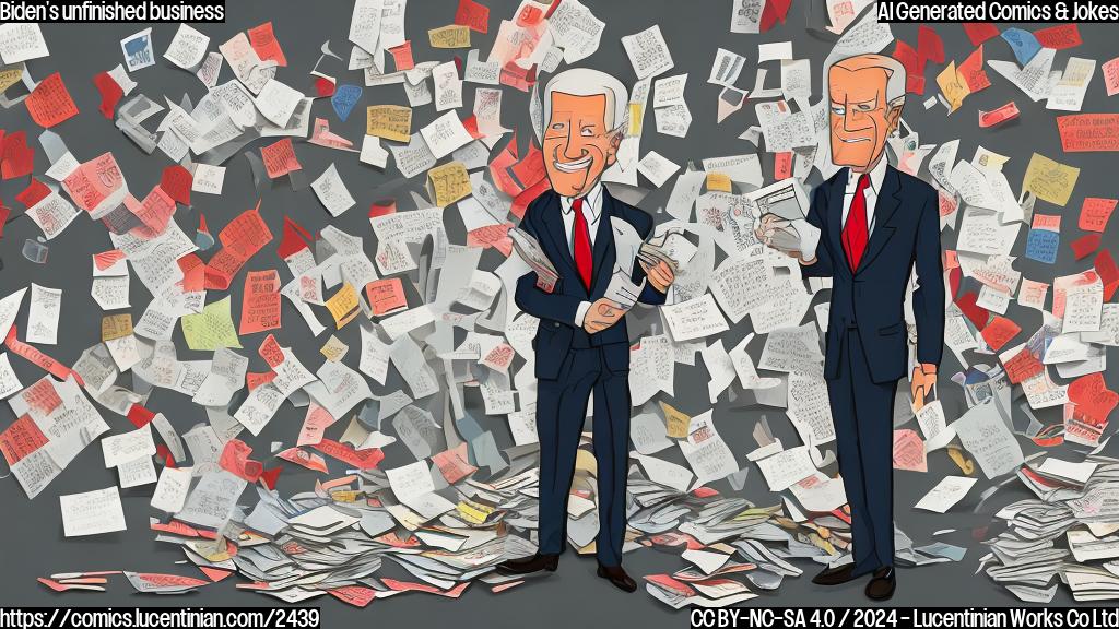 A cartoon-style illustration of a small, talking briefcase with a concerned expression, surrounded by scattered papers and broken tools. The briefcase is leaning against a large, empty whiteboard with a red "X" marked through it, symbolizing the undone tasks left behind by President Biden.