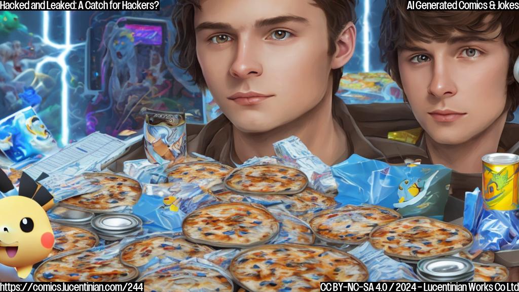 Generate an image of a person (a young adult with messy brown hair) sitting in front of a computer screen displaying a stream of code and various Pokémon game development files. The person is wearing a disappointed expression, surrounded by empty pizza boxes and energy drink cans. The background is a dimly lit room with gaming posters on the walls.