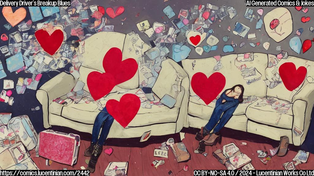 a person sitting on a couch, surrounded by broken heart decorations, looking sad; next to them is a small suitcase with a red "X" marked on it