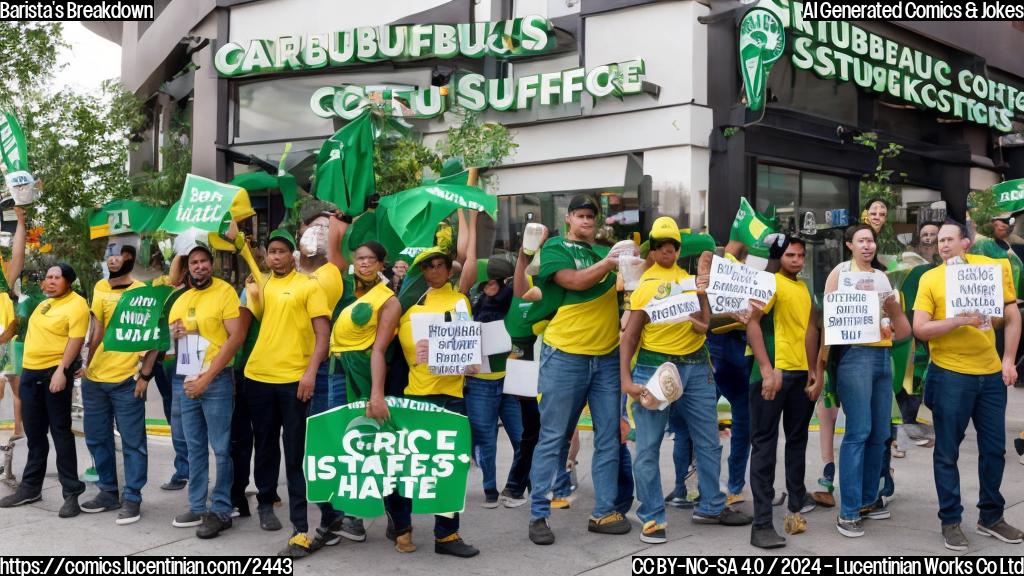 a group of workers in green and yellow uniforms holding signs with coffee cups and smiling, forming a human chain in front of a Starbucks store, with multiple other Starbucks locations visible in the background, all with employees on strike