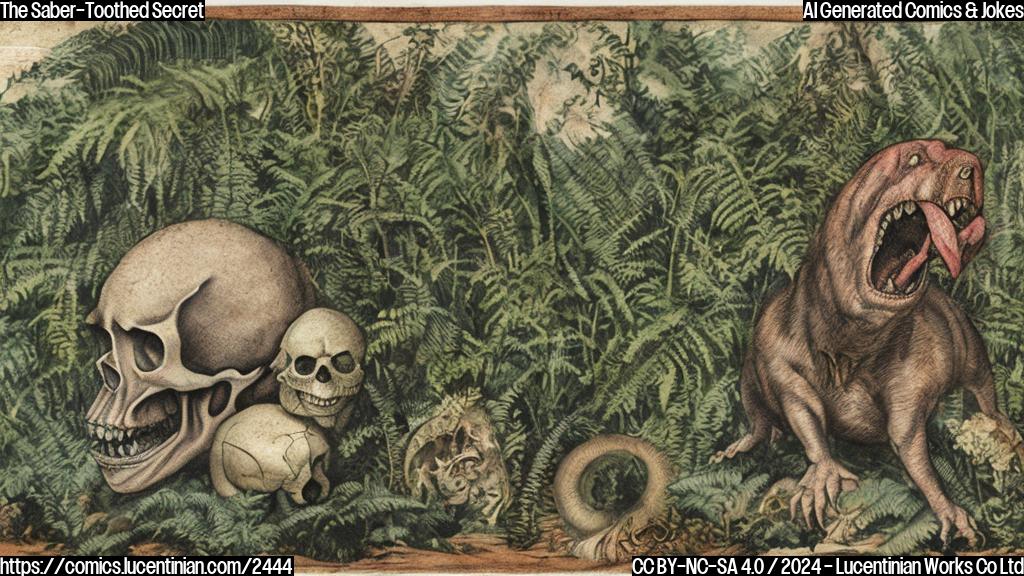 A therapsid-like creature with sharp teeth and claws in a medieval landscape surrounded by ferns and trees, wearing a thought bubble with a skull inside