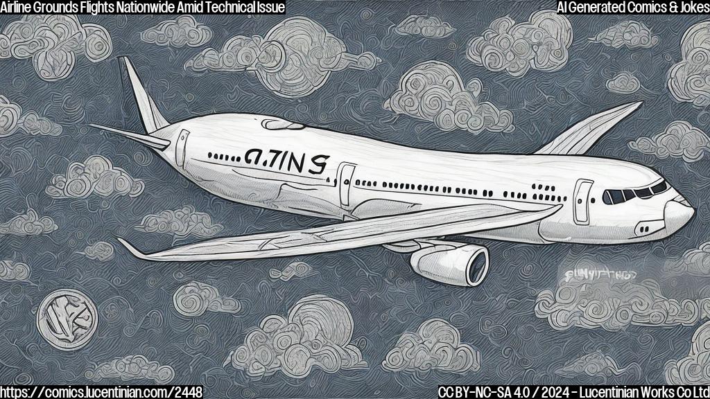 Draw a cartoon style picture of an airplane with a puzzled expression, surrounded by thought bubbles with speech bubbles saying "emotions" and "issues". The airplane should be in the middle of a stormy sky with dark clouds and lightning. The background should be a dull gray color to represent the airline being grounded.