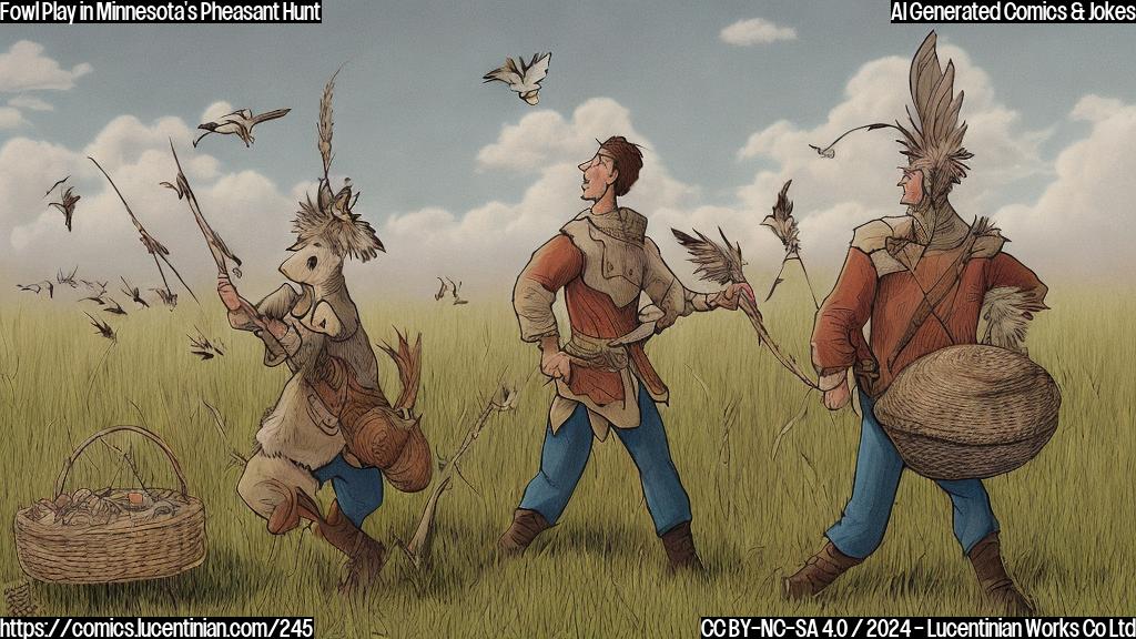 Describe a cartoon-style image of a person (male, dressed in outdoor gear) walking through tall grass with a hunting hat and binoculars, looking confused and holding a "Lost" sign. The background is a sunny Minnesota landscape with pheasant habitats and a few birds flying away in the distance.