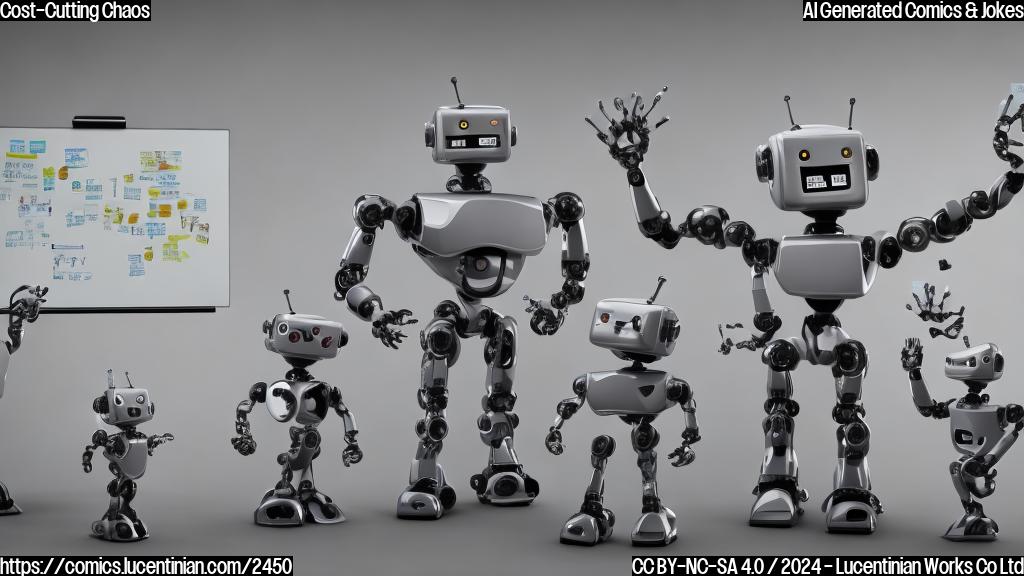 A large grey robot with a puzzled expression is standing in front of a whiteboard filled with scattered numbers and financial reports, surrounded by two smaller robots with red X's marked through them.