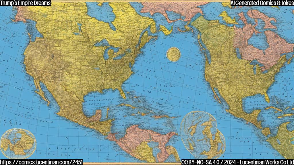 A large map of North America with highlighted regions of Canada, Mexico, Panama, and Greenland, in front of a larger map of the United States with an eagle. The eagle should be looking out at the new territories with a confident expression.