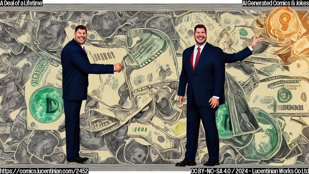 Draw a plain color cartoon style picture of a large, confident-looking man with a big smile and an oversized suit, standing in front of a giant dollar sign, with a handshake coming out of the dollar sign towards him.