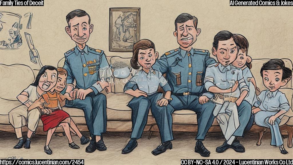 Draw a cartoon of a man (Oleh) sitting on a couch with a family photo of himself, his father, and his cousin, all wearing spy-themed clothing. The father is holding a Soviet-era spy camera, the cousin has a Russian security service badge, and Oleh has a cryptic message on his notepad.