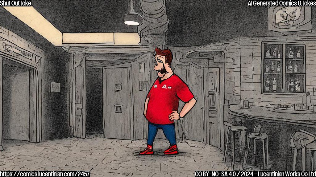 A cartoon style image of a football player standing in front of a door with a red "X" marked on it, wearing a disappointed expression. The background is a dimly lit bar with patrons watching the scene unfold.