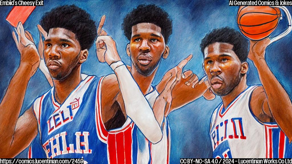 Draw an image of a referee holding up two index cards with red X's on them, standing in front of a basketball player (Joel Embiid) with a shocked expression, amidst a blurred background of a basketball court and crowd.