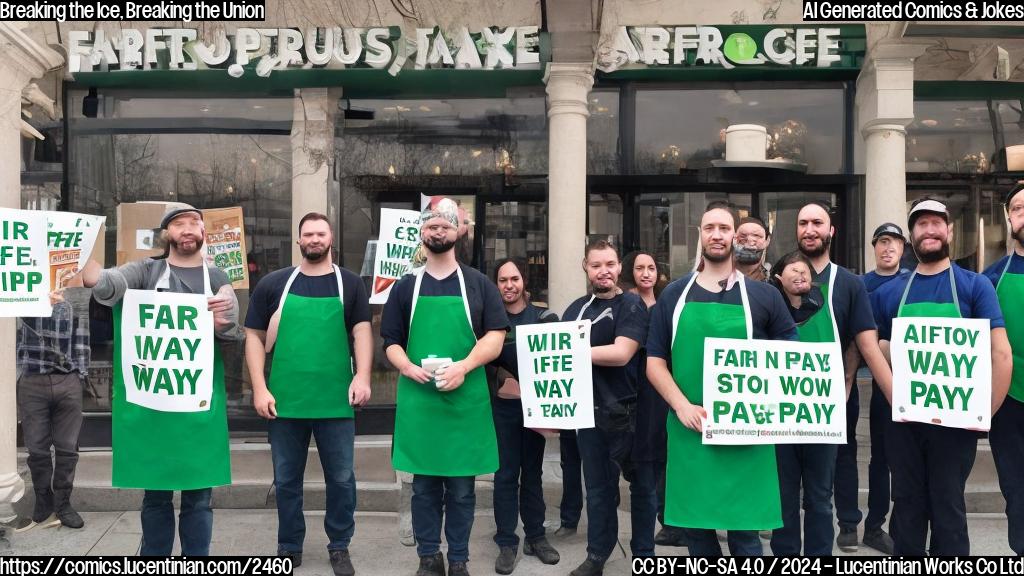 A group of workers in matching green aprons, with a few holding signs that read "Fair Pay Now" and "Union Strong", standing together in front of an empty Starbucks store. The workers are all wearing determined expressions, with one barista holding a coffee cup in hand, as if to say they're not letting the strike get cold.