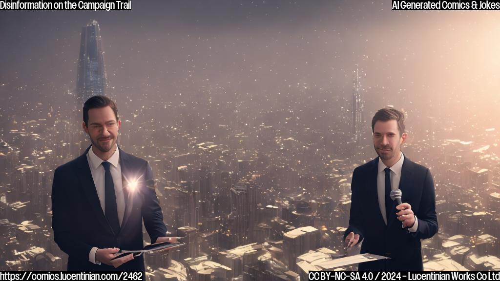 A person stands on a podium, wearing a suit and holding a microphone. They are surrounded by a halo of light, with a subtle gradient effect giving them an air of importance. The person's face is neutral, with slight furrows between their eyebrows. In the background, there is a blurred image of a cityscape or a crowd, hinting at the political setting.