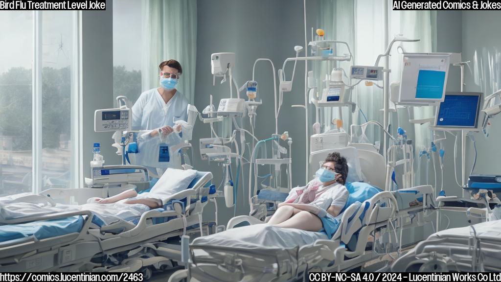 A person lying on a hospital bed, holding a ladder and wearing a face mask, surrounded by medical equipment and birds outside the window.