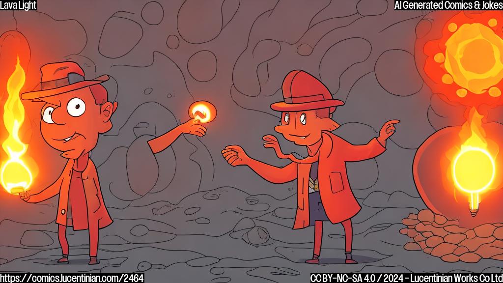 Illustrate a cartoon character with a glowing red core, wearing a therapist's hat and holding a thought bubble with a lightbulb inside, amidst a background of lava bombs and flames.