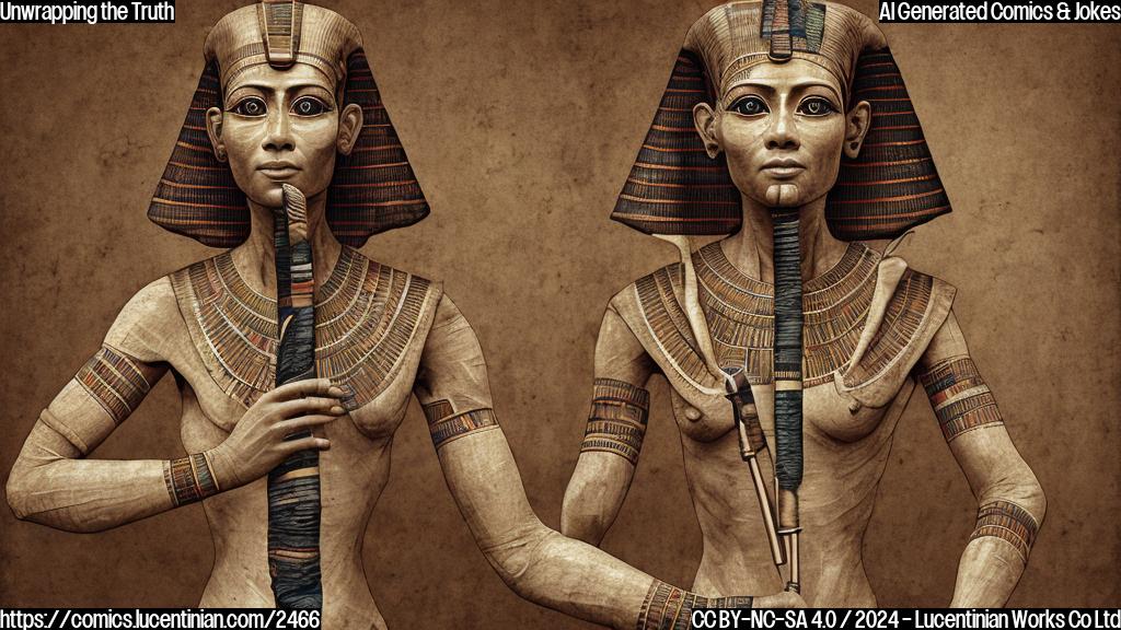 Illustrate an anthropomorphic mummy with a surprised expression, holding a magnifying glass in one hand and a medical textbook in the other. The background should resemble an ancient Egyptian temple. The mummy's wrappings are slightly torn, revealing a hint of bandages underneath.