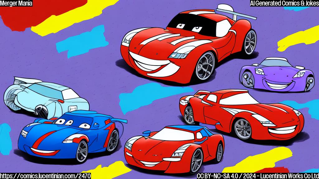 A cartoon drawing of two friendly cars, one red and one blue, merging together to form a single larger purple car, in a simple plain color style.